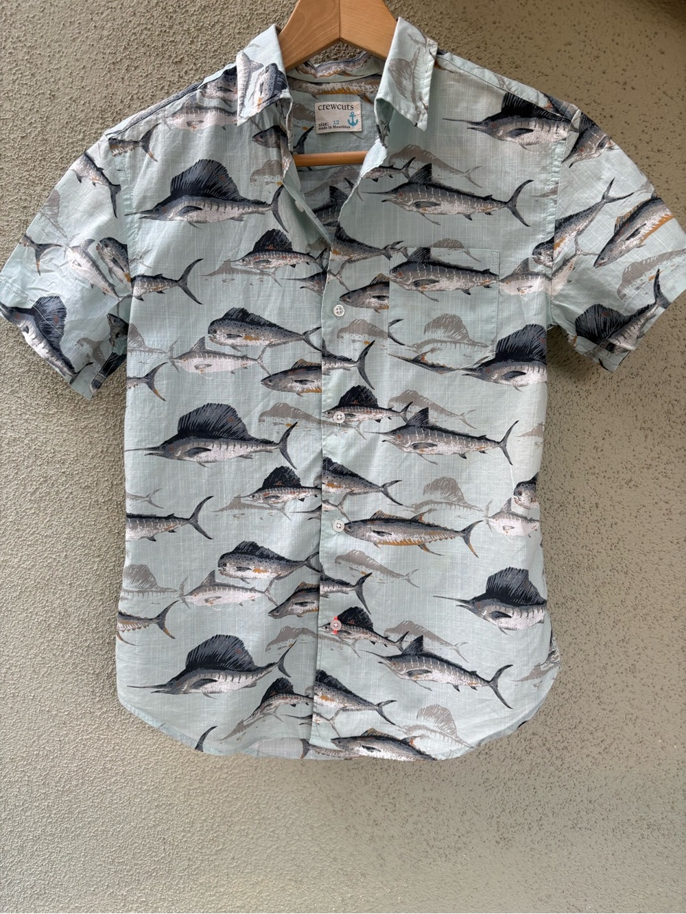 Crewcuts (J Crew) Swordfish Print Short Sleeve Button-Down Boys Shirt Size 12